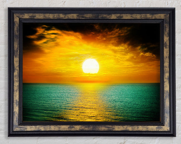 Orange Sun Reflections On The Green Ocean Framed Print