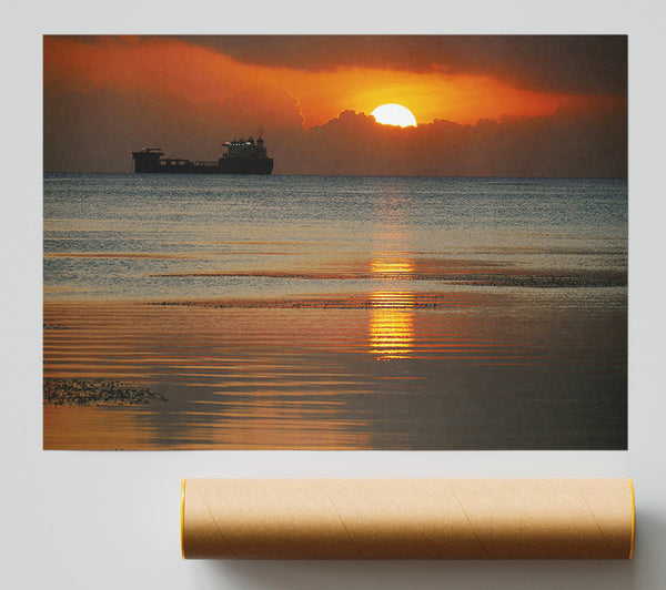 Ocean Ship Sun Glow Poster
