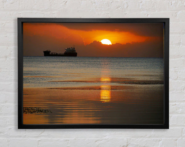 Ocean Ship Sun Glow Framed Print