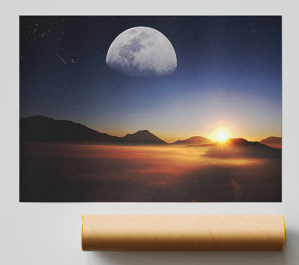Moon Above The Mountain Sunset Poster