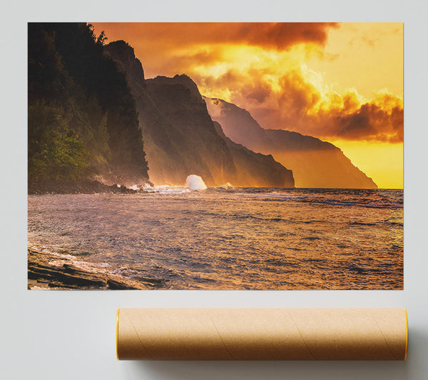 Cliff Sunset Crashing Ocean Giclee Print