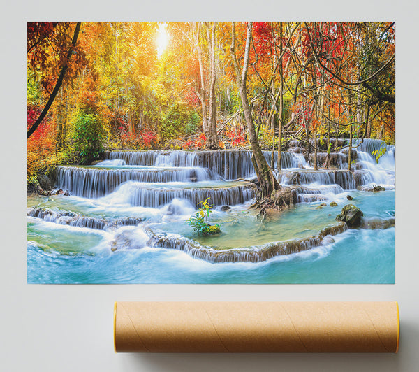 Waterfall Forest Sunset Poster