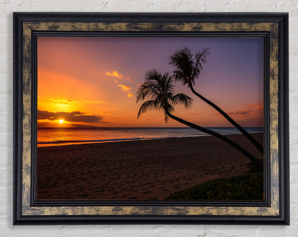 Two palm trees on the beach Framed Print