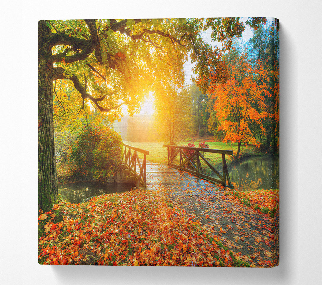  A Canvas Print of Woodland Bridge Autumn tranqulity Canvas Art