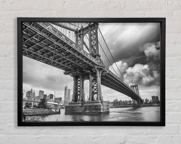 NYC black and white bridge under clouds Framed Print