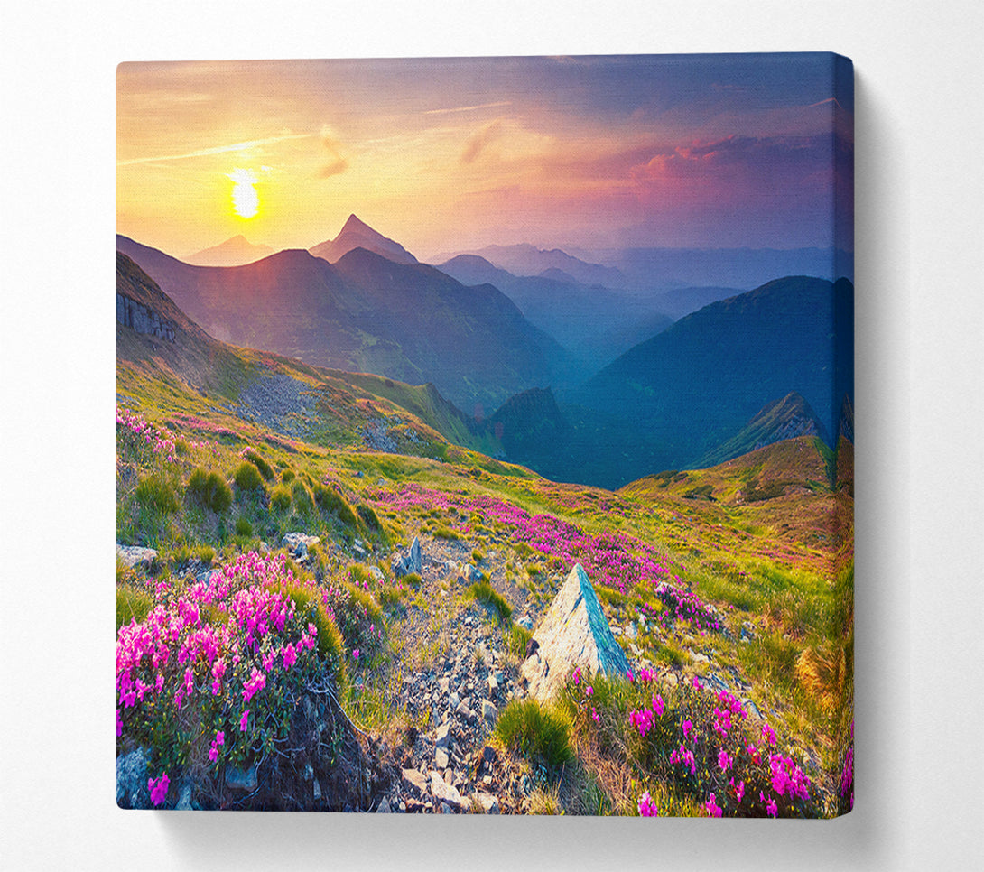  A Canvas Print of Beautiful mountain range and flowers Canvas Art