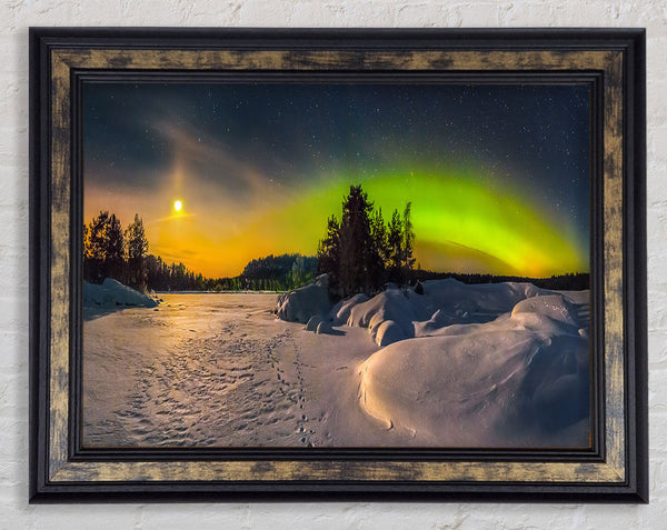 Nothern lights at night snow Framed Print