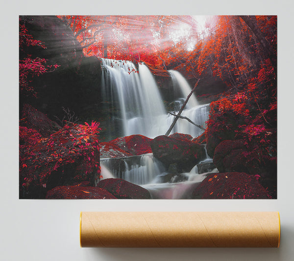 Red Forest Waterfall Delight Poster