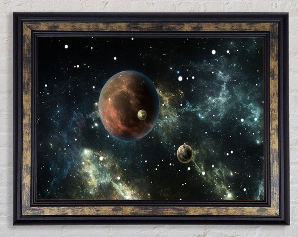 Planets in the dark skies Framed Print