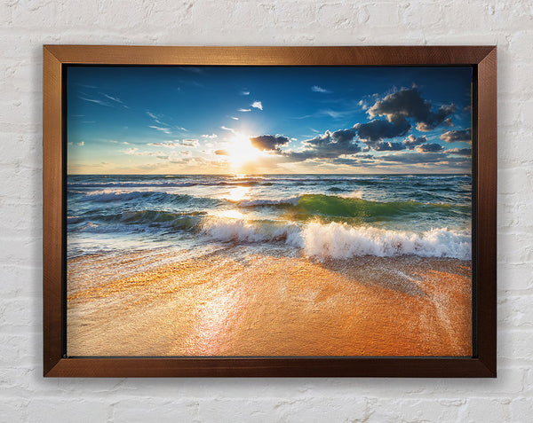 Crashing blue waves on the shore Framed Print