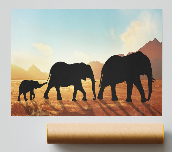 Elephants Sillouette Walking Print
