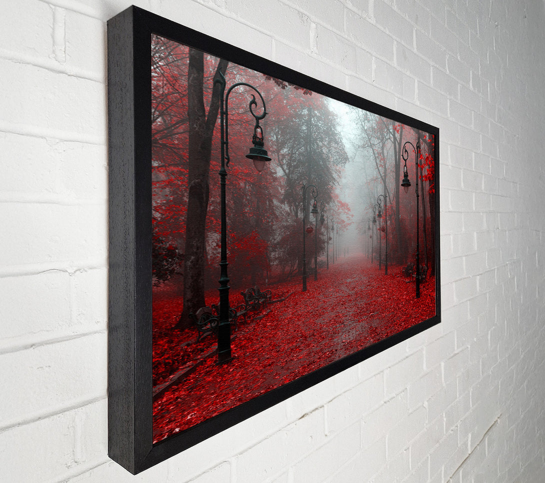  A Canvas Print of Red Autumn leaves streetlights Canvas Print