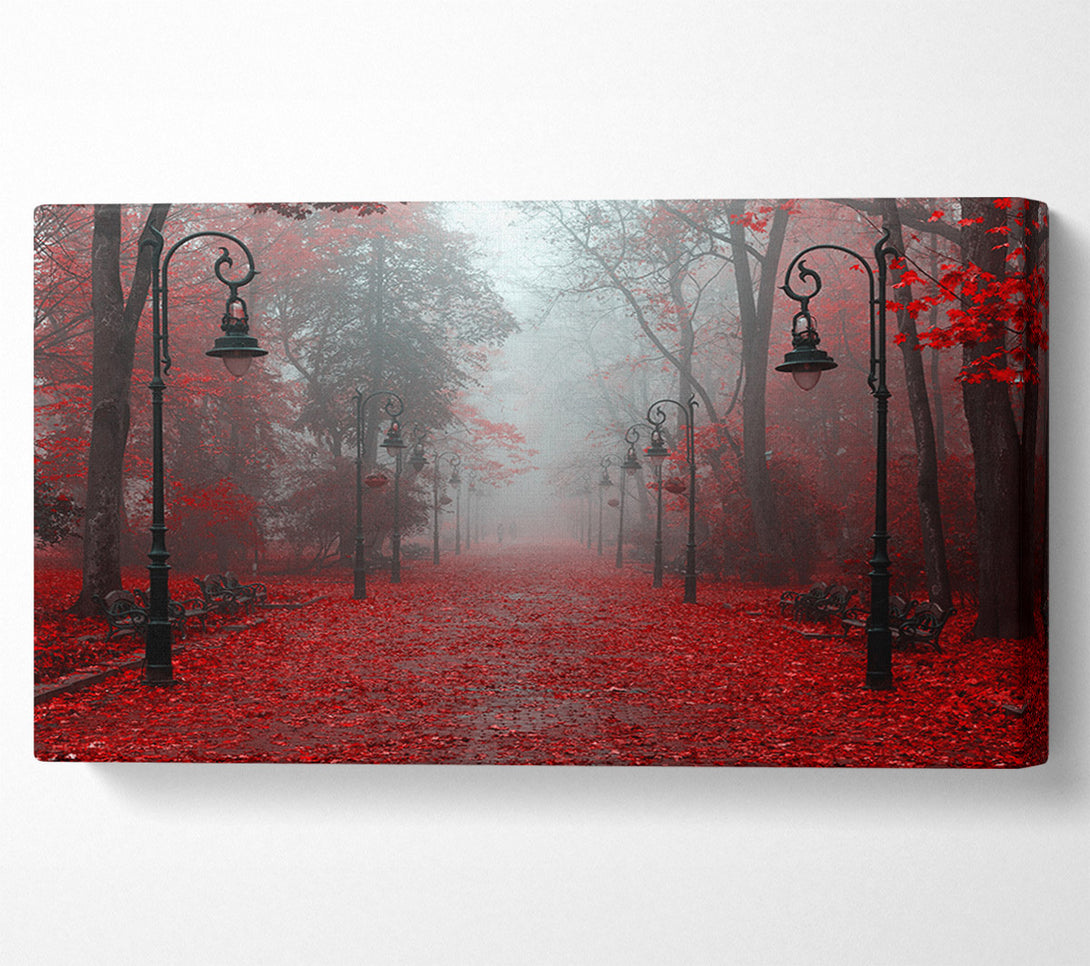  A Canvas Print of Red Autumn leaves streetlights Canvas Print