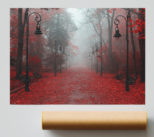 Red Autumn Leaves Streetlights Giclee Print