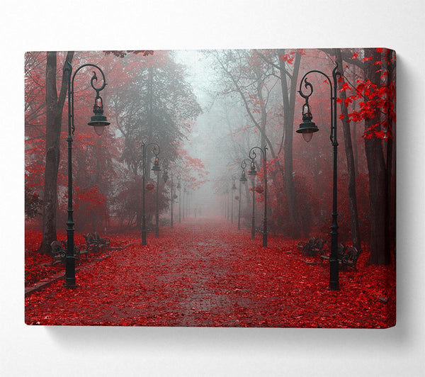  A Canvas Print of Red Autumn leaves streetlights Canvas Print