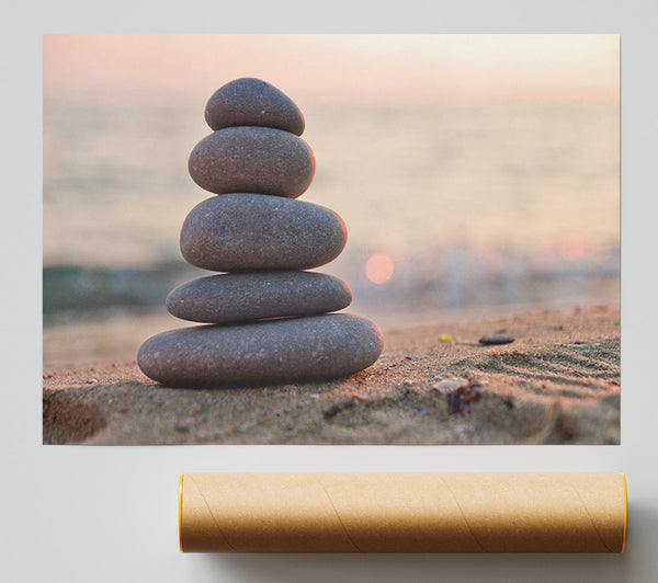 Zen Stones Stacked Up On Beach Poster