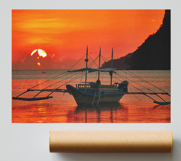 Boat Sailing In The Orange Sunset Poster