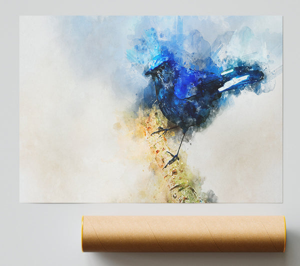 Blue Watercolour Bird On Branch Print
