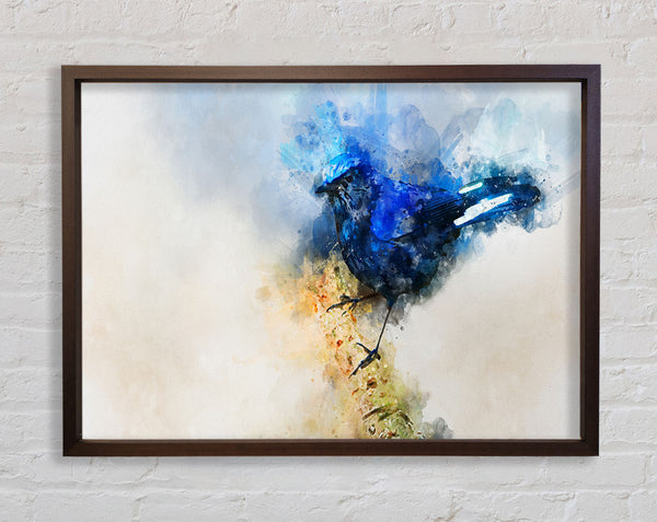 Blue watercolour bird on branch Framed Print