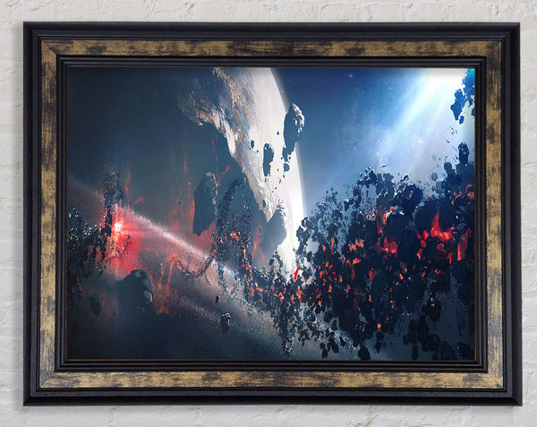 Smashed asteroid in space Framed Print