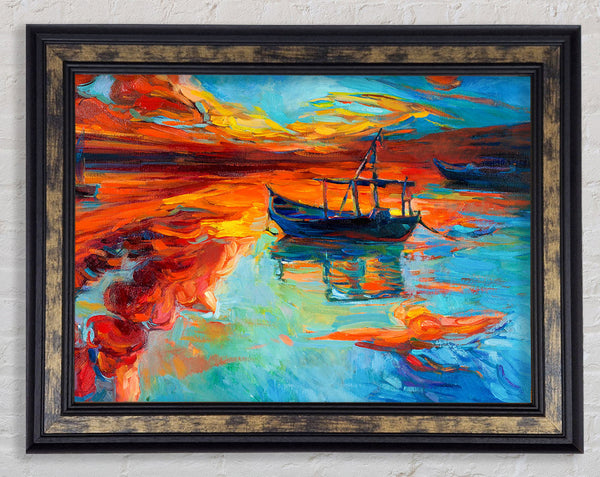 Row boat on the horizon of colour Framed Print