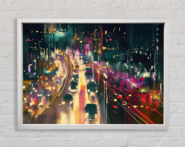 Busy Night Traffic Lights Watercolour Framed Print
