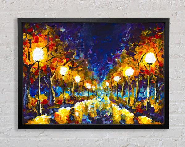 Streetlights At Night Gouche Framed Print