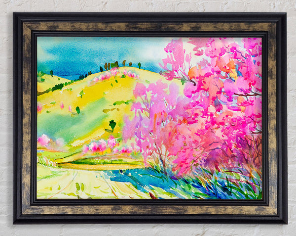 Pink Blossom Hilltops Framed Print
