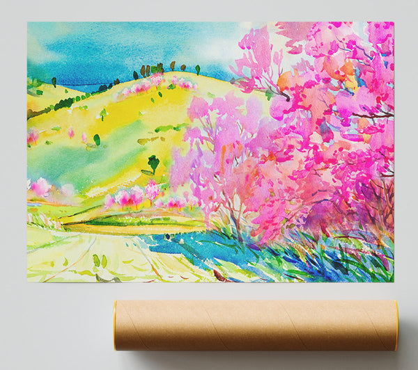 Pink Blossom Hilltops Print