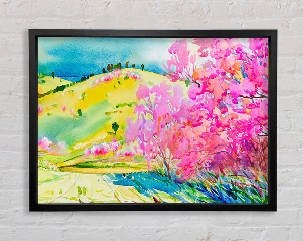 Pink Blossom Hilltops Framed Print