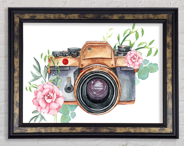 Vintage Camera Floral Framed Print