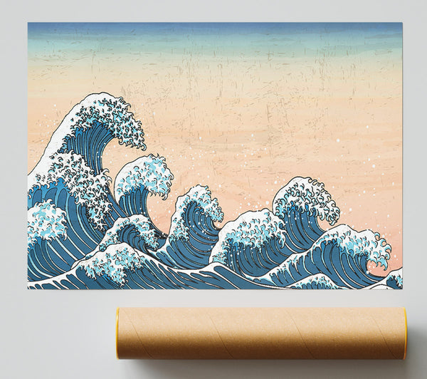 Japanese Waves In The Sunset Print