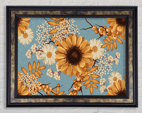 Sunflowers On Blue Framed Print