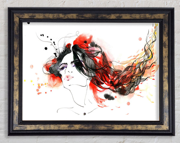 Woman In Ink And Red Framed Print