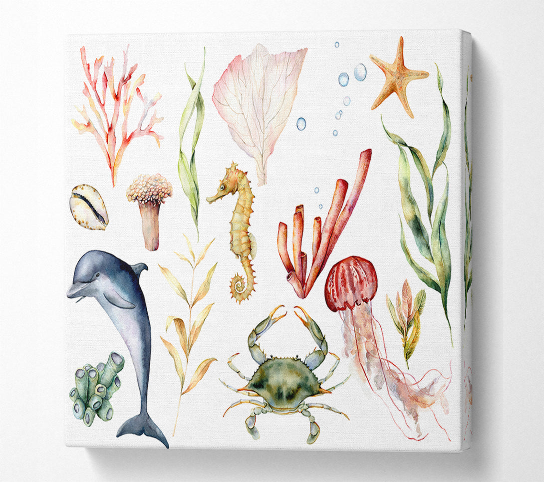  A Canvas Print of Water Colour Sea Creatures Canvas Wall Art