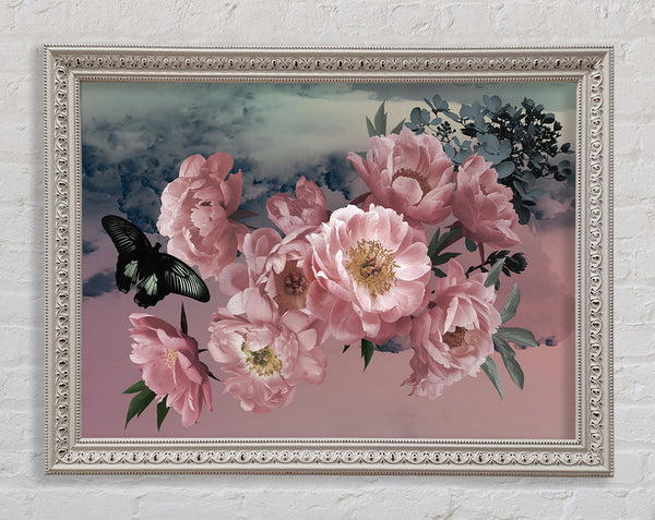 Cloudy Butterfly Flowers Framed Print
