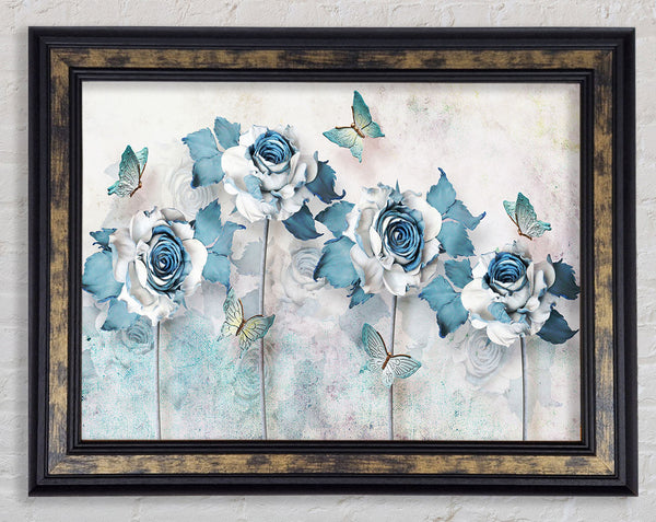 Teal Roses And Butterflies Framed Print