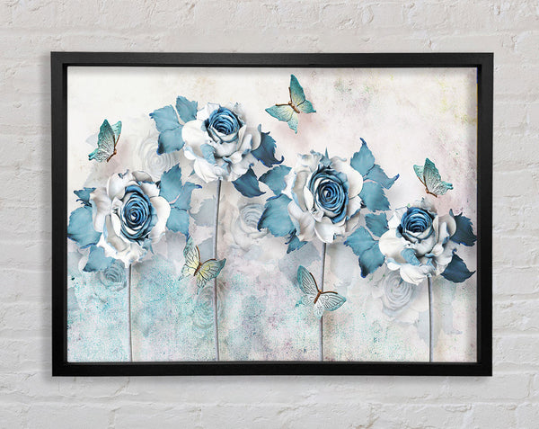 Teal Roses And Butterflies Framed Print