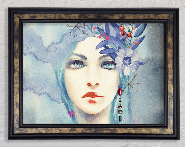 Blue Face Woman Watercolour Framed Print