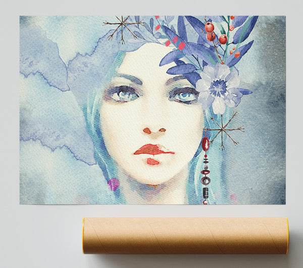 Blue Face Woman Watercolour Poster