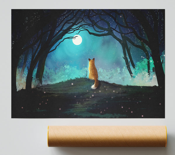 Fox Staring At The Moon Poster