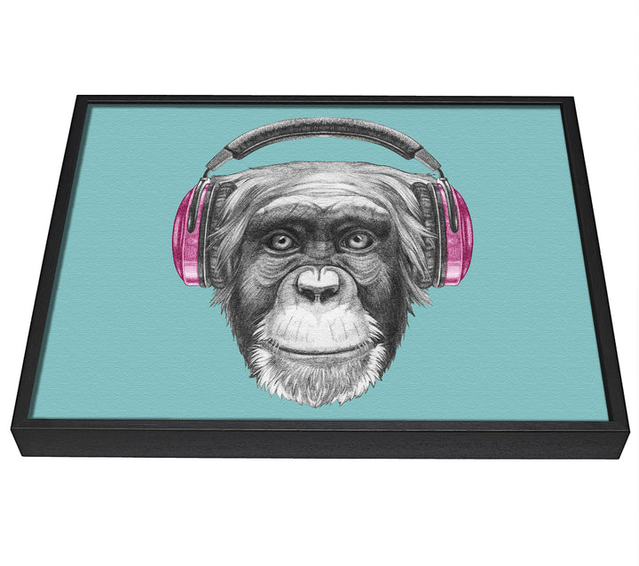 A picture of a Chimpanzee Headphone Dj framed canvas print sold by Wallart-Direct.co.uk