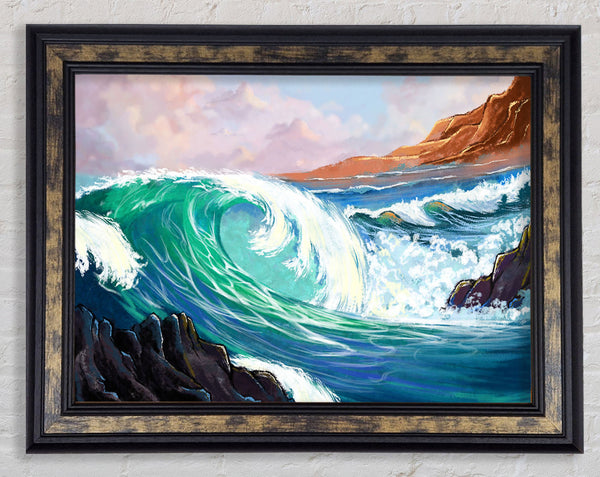 Waves Crashing On The Cliff Rocks Framed Print