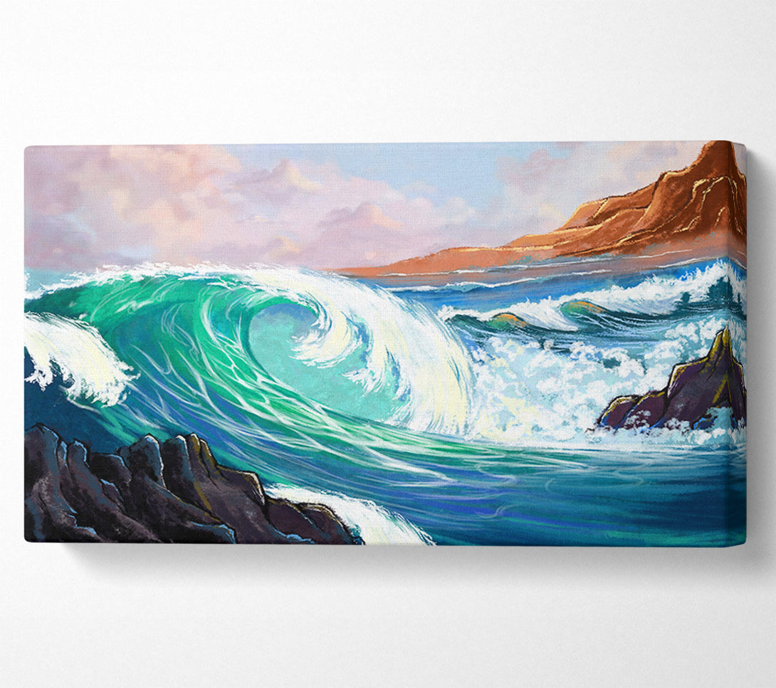  A Canvas Print of Waves Crashing On The Cliff Rocks Canvas Print