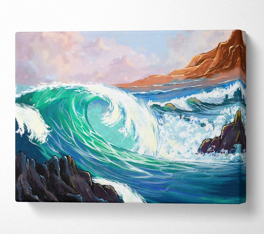  A Canvas Print of Waves Crashing On The Cliff Rocks Canvas Print