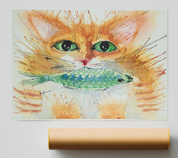 Watercolour Cat With Fish Print