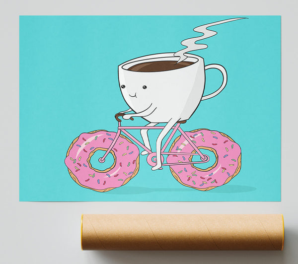 Coffee Riding A Donut Bicycle Poster