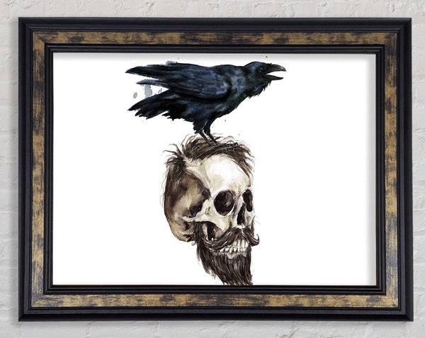 Crow On The Head Of A Skull Framed Print