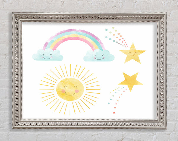 Happy Rainbow And Clouds Framed Print