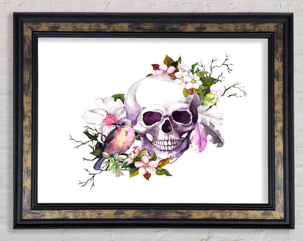 Skull Flowers And Bird Framed Print